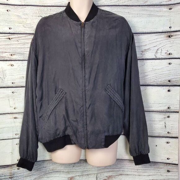Vintage Campus Bomber Jacket Men’s Large Black Silk Nylon Lined Zip Front Lightw - Picture 1 of 8